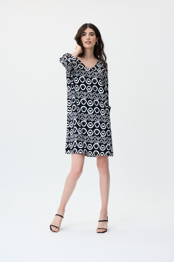 Joseph Ribkoff Geo Print Shift Dress Style 231085 Black/Vanilla