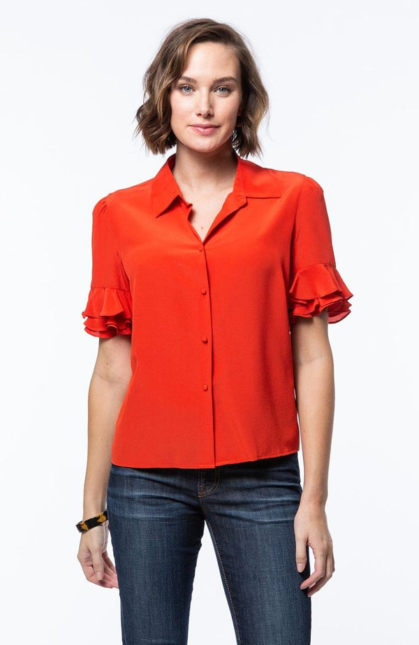 Tyler Boe Silk Gina Ruffle Sleeve Blouse Lava Red