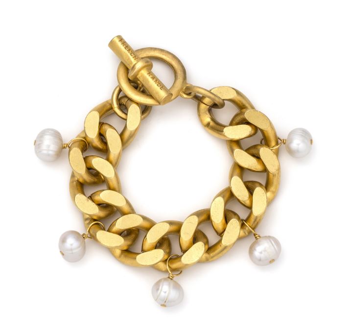 French Kande Gold Bevel Chain With Pearl Dangles