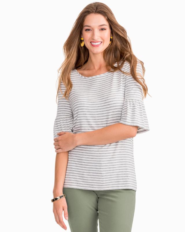 Southern Tide Heather Grey Ruffle Sleeve Stripe Knit Top