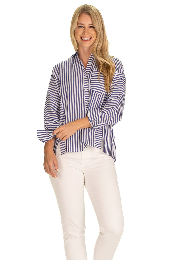 Duffield Lane Helen Button Down in Bright Blue Stripe