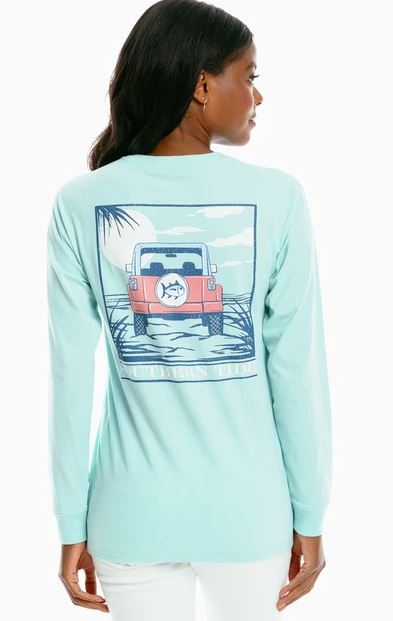 Southern Tide Off-Road Long Sleeve Sunset Heather T-shirt Turquoise Sea