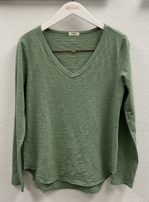 Dylan Slub Cotton Long Sleeve Deep V-Neck Tee Laurel