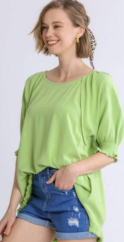 Umgee Round Neck Half Balloon Sleeves Top with Frayed Hem Mint Green