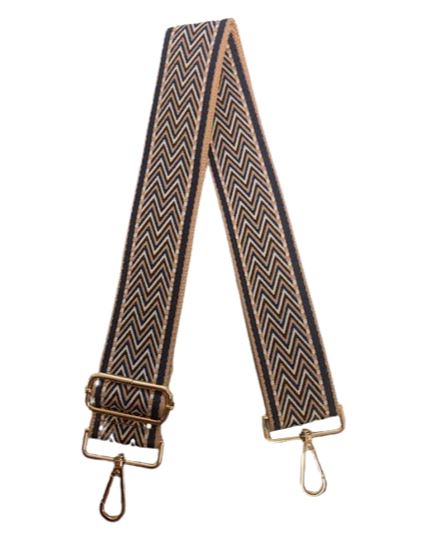 Ahdorned Embroidered Woven Strap - Cream/Navy/Brown with Gold Hardware
