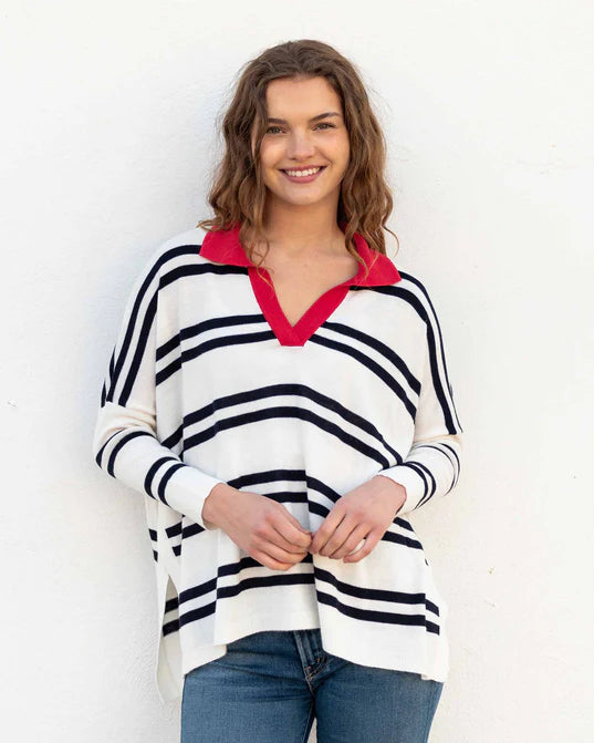 Mersea Catalina Polo Sweater Navy Stripes