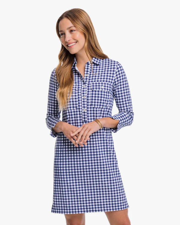Southern Tide Jessica Gingham Performance Dress Nautical Navy