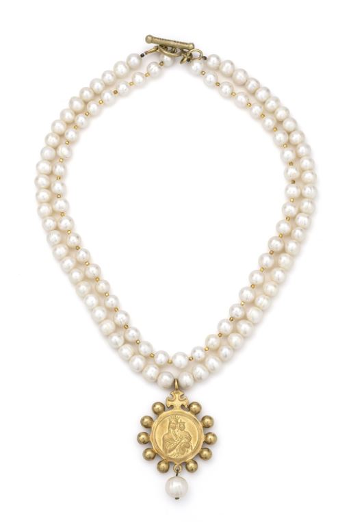 French Kande Double Strand Pearls and Gold Heishi With Gold Crowning Mary Medallion