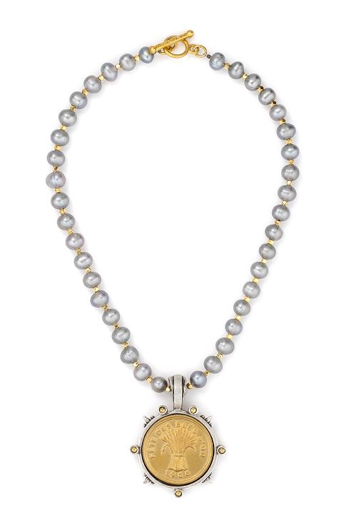 French Kande Silver Pearls with Bles D'Or Medallion
