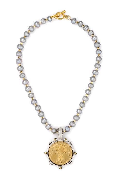 French Kande Silver Pearls with Bles D'Or Medallion