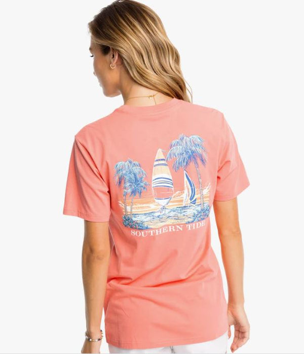 Southern Tide Short Sleeve Sunset Sailing Tee Rouge Red