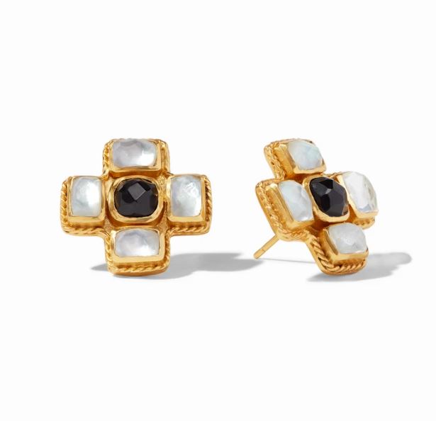 Julie Vos Savoy Earring Gold Iridescent Clear Crystal & Obsidian Black