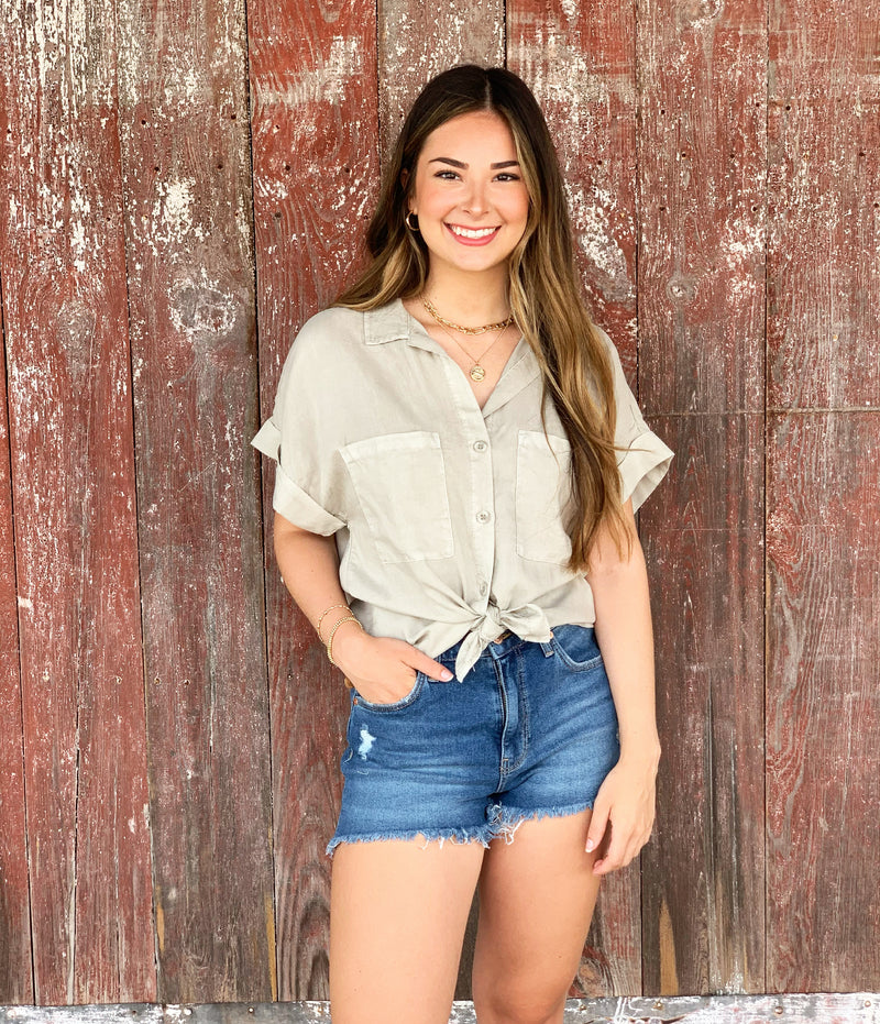 Bella Dahl Slouchy Short Sleeve Button Down Washed Sage