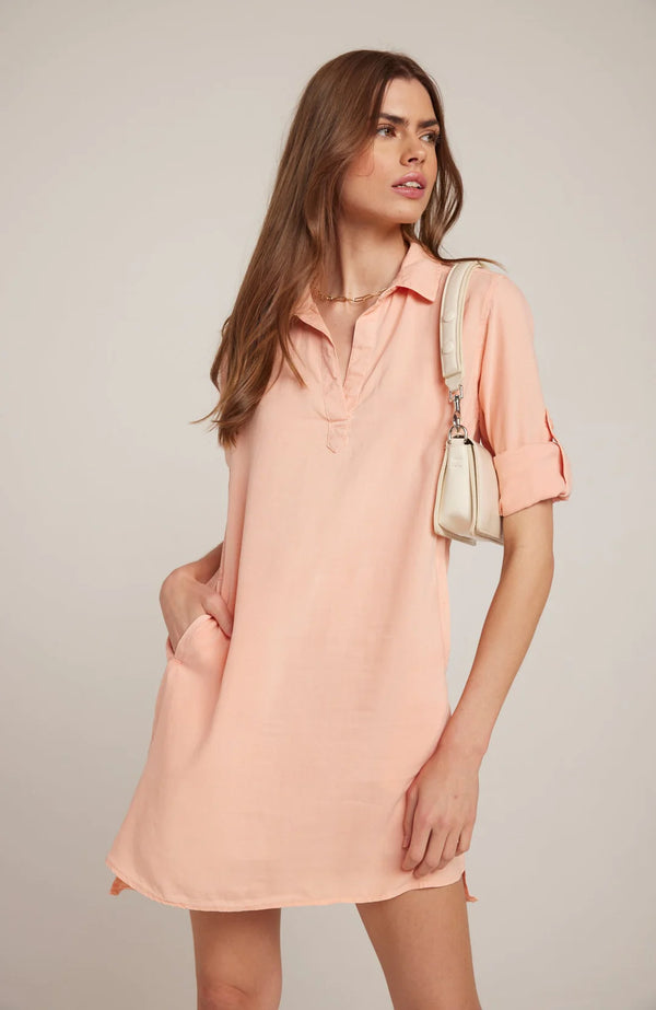 Bella Dahl A-Line Rolled Tab Sleeve Dress - Sunset Coral