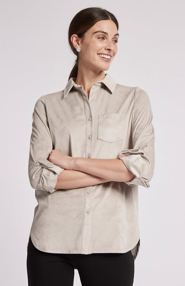 Tyler Boe Faux Suede Roll Sleeve Polo Taupe