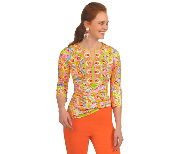 Gretchen Scott Jersey Split Neck Top Watteau Lime/Pink