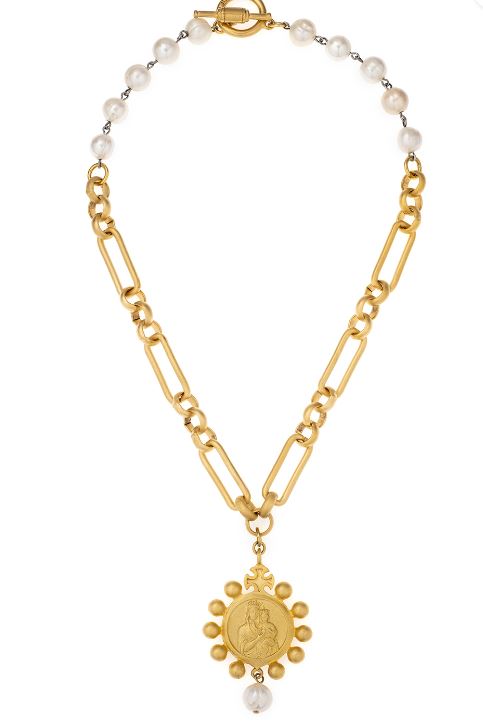 French Kande 24K Clad Chablis Chain with Pearl Linkage and Crowning Mary Medallion