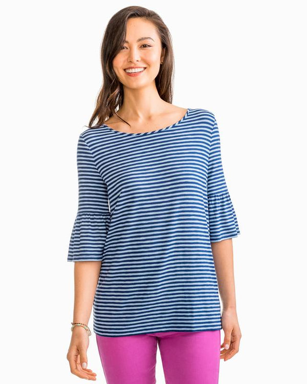 Southern Tide Heather Forever Blue Ruffle Sleeve Stripe KnitTop