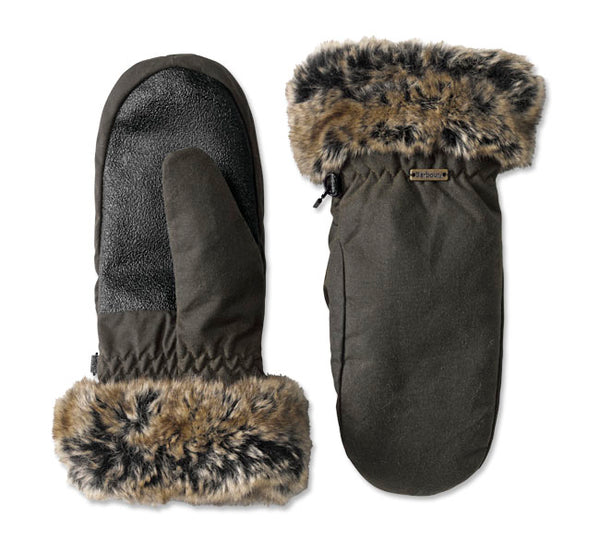 Barbour Wax Mittens with Fur Trim Olive
